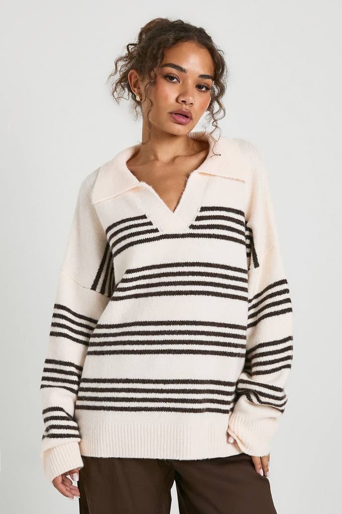 boohoo Dames Zachte gebreide trui met gestreepte polo kraag | Ecru | Maat: Medium