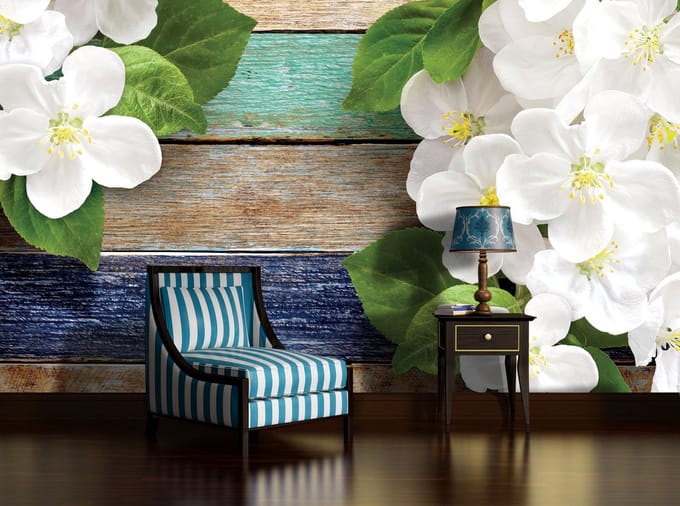 Wood Fence Flowers Photo Wallcovering