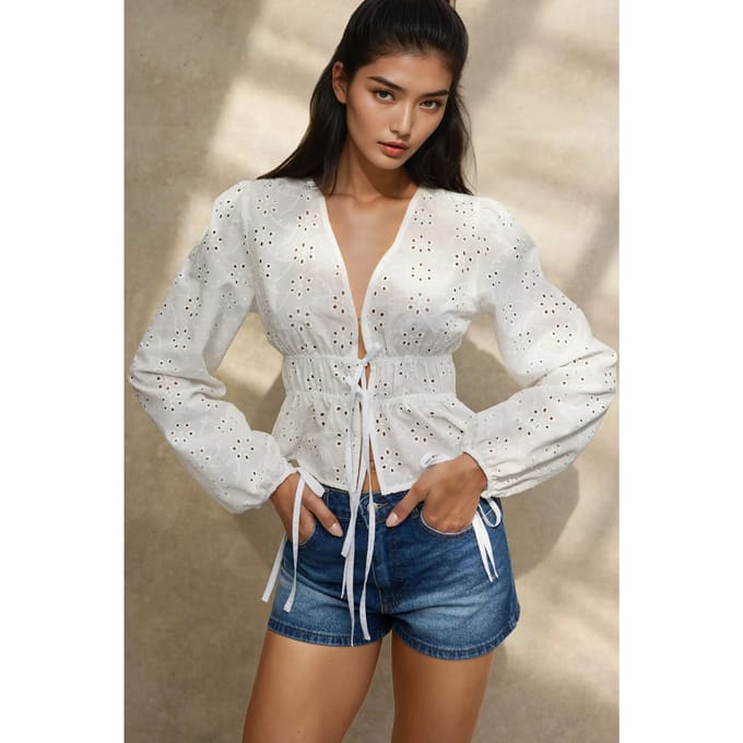 Elegante Textuur V-Hals Blouse met Ballonmouwen