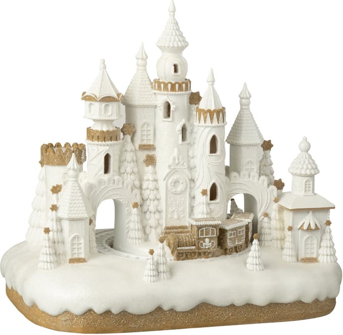 J-Line decoratie Peperkoek Kasteel + Trein - polyresin - beige/wit