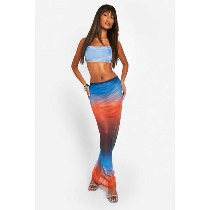 boohoo Dames Ombre Mesh Maxi Rok | Gewassen Blauw | Maat: 38