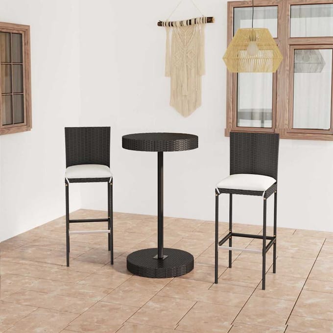 vidaXL - 3-delige - Tuinbarset - met - kussens - poly - rattan - zwart