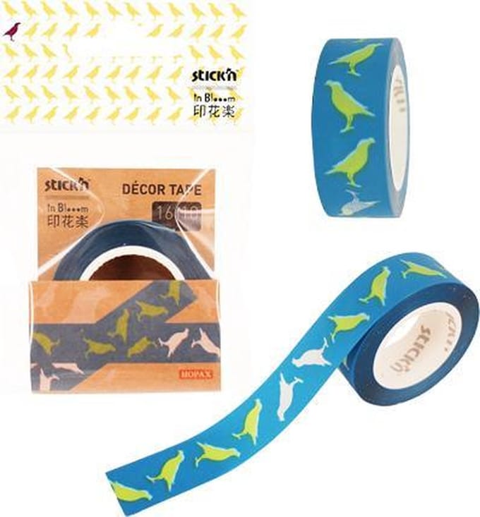 Stick'n Washi tape - 16mm breed - 10 meter rol - blauw - Vogel print