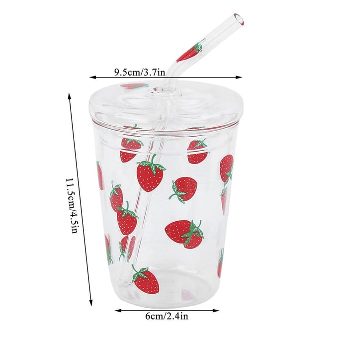 Heat resisting Clear Strawberry Pattern Coffee Juice Drinking Water Glass Cup with Straw Lid white