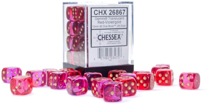 Chessex Gemini Translucent Red-Violet/gold D6 12mm Dobbelsteen Set (36 stuks)