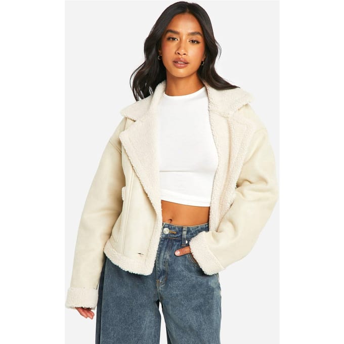 boohoo Dames Petite Borg Voering Kunstsuede Jas | Stone | Maat: 16