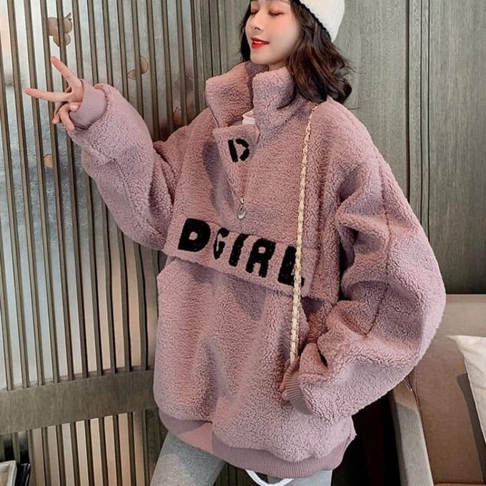 Pull Printemps et Automne pour Femmes Ample Grande Taille Automne et Hiver Col Montant Lâche Haut à Fermeture Éclair 2XL rose