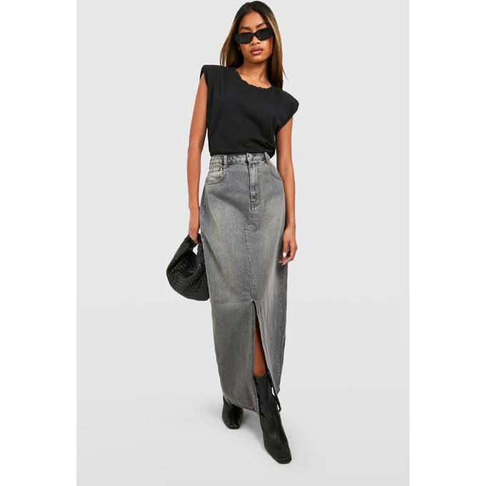 boohoo Dames Gespleten denim maxi rok | Mid Grey | Maat: 6