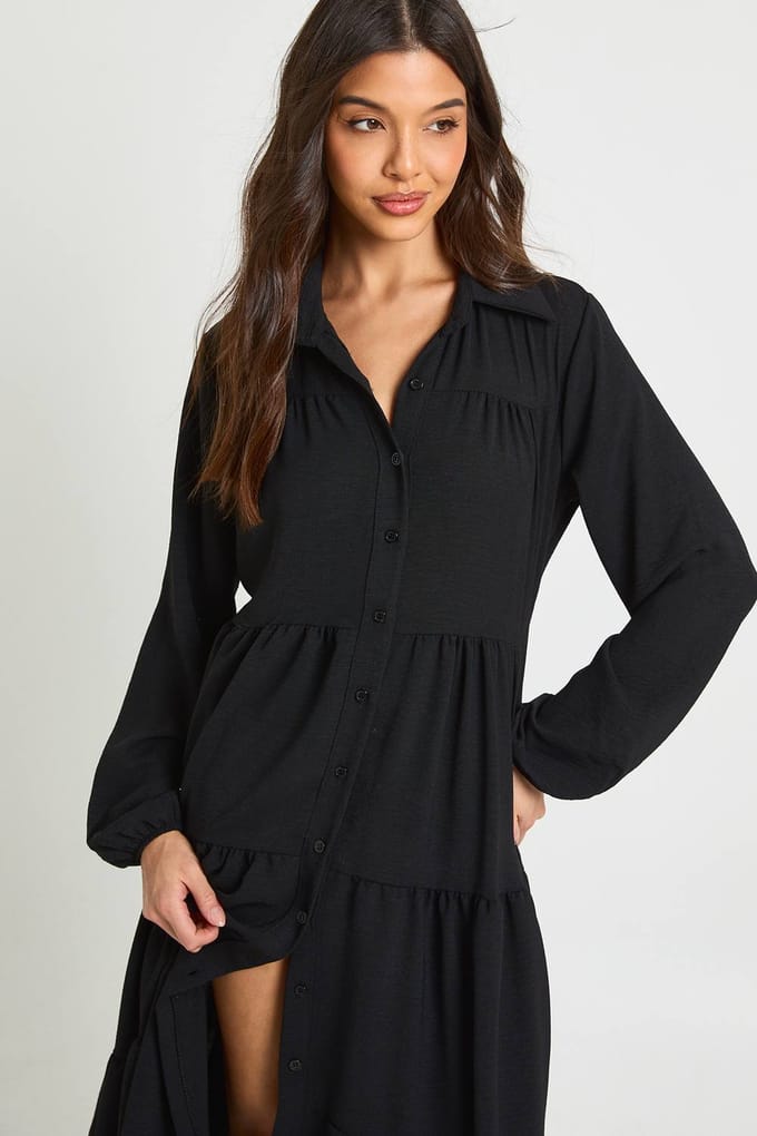 boohoo Dames Met textuur gelaagde midi smockjurk | Black | Maat: 8