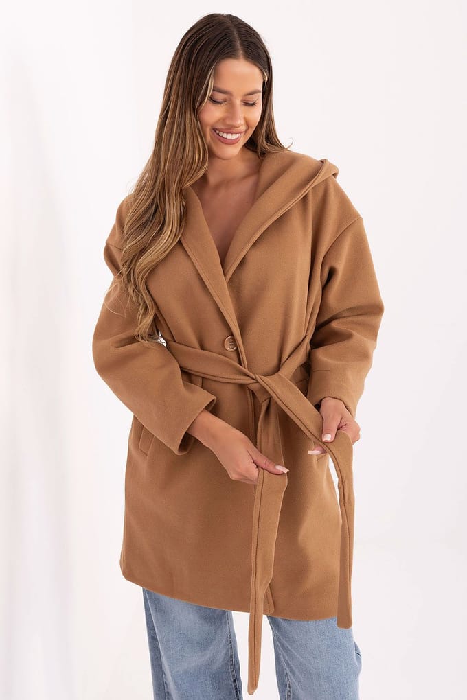 Elegant Hooded Coat - Camel / One Size