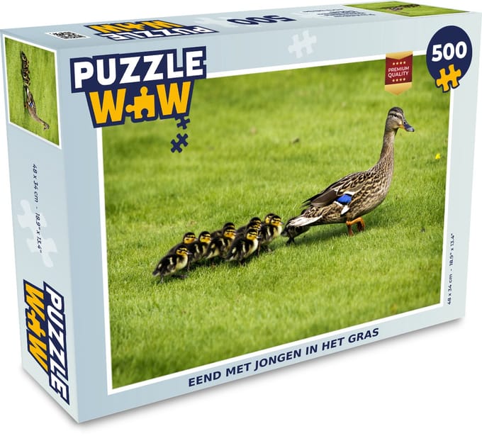 Puzzel Eend met jongen in het gras - Legpuzzel - Puzzel 500 stukjes