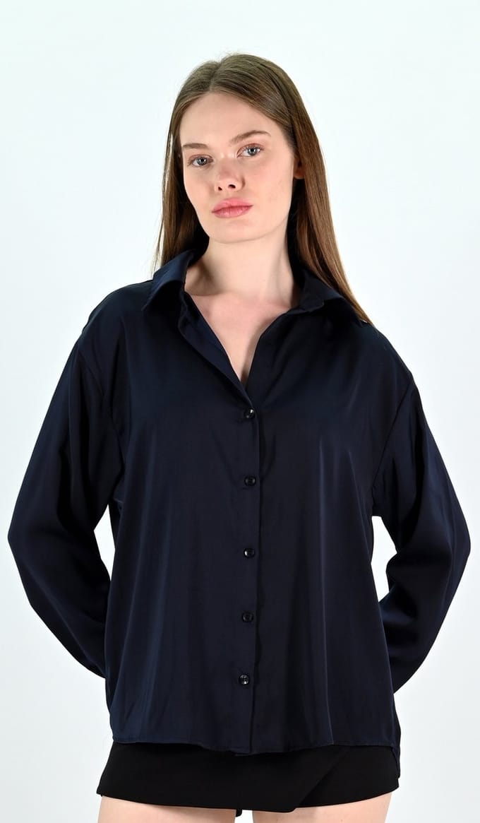 YesMooi - Basis Satijnen Blouse - Donker Blauw - S (36)