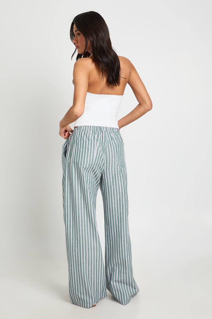 boohoo Dames Geweven Gestreepte Broek Met Elastische Taille En Wijde Pijpen | Groente | Maat: 34