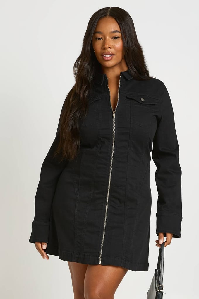 boohoo Dames Plus Denim Zip Up Shiftjurk | Black | Maat: 22