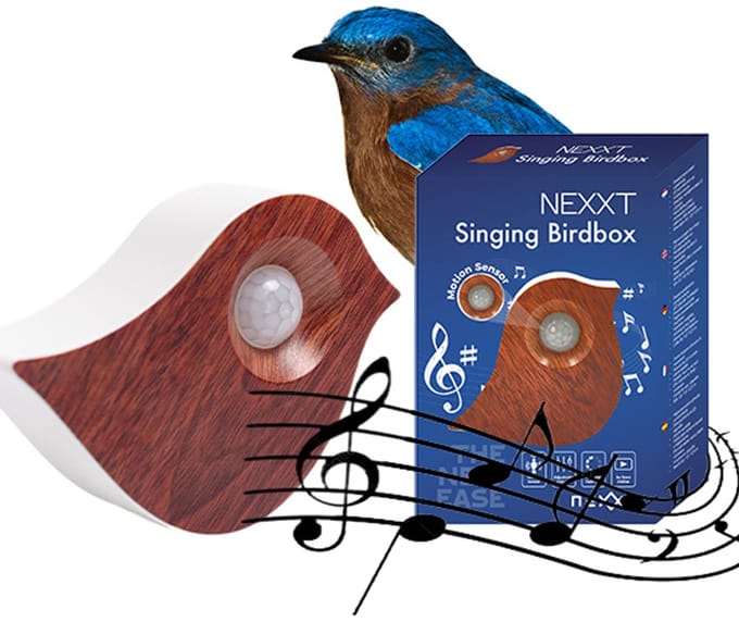 Nexxt Vogelgeluiden Huisje Vogel met Sensor - Houtlook Donker Bruin - Bewegingssensor - Instelbaar Volume - 10,2 x 3,5 x 8,6 cm