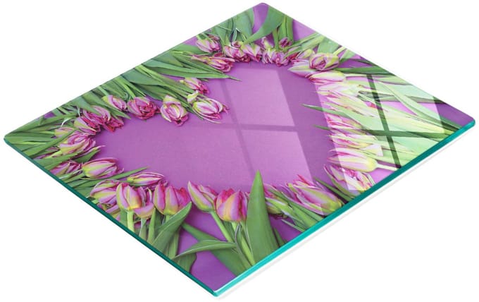 Decoratieve glazen keukensnijplank met hart van tulpen, 60x52 cm