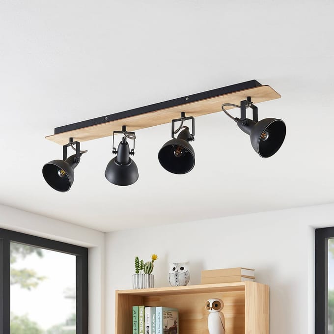 Lindby - buitenspot - 4lichts - Staal, hout - H: 16.5 cm - E14 - zwart, licht hout