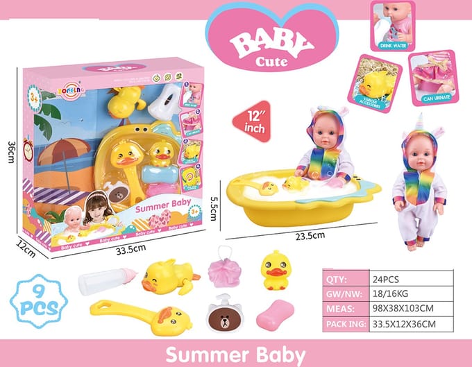 poppenset unicorn met poppenbad badspeelgoed papfles badeend pop drinkt en plast