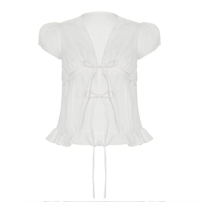 Geplooide Pofmouw Vetershirt Dames Wit Kant Los Skinny Top L