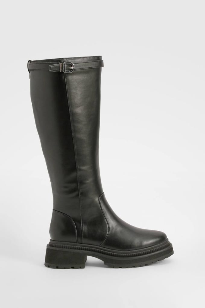 boohoo Dames Buckle Strap Detail Chunky Knee High Boots | Black | Maat: 3
