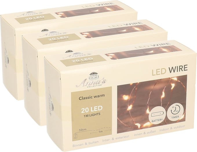 Anna's Collection Draadverlichting lichtsnoer - 3x - koper - 20 led lampjes - 100 cm - kerstverlichting
