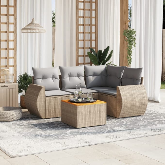 vidaXL - 5-delige - Loungeset - met - kussens - poly - rattan - beige