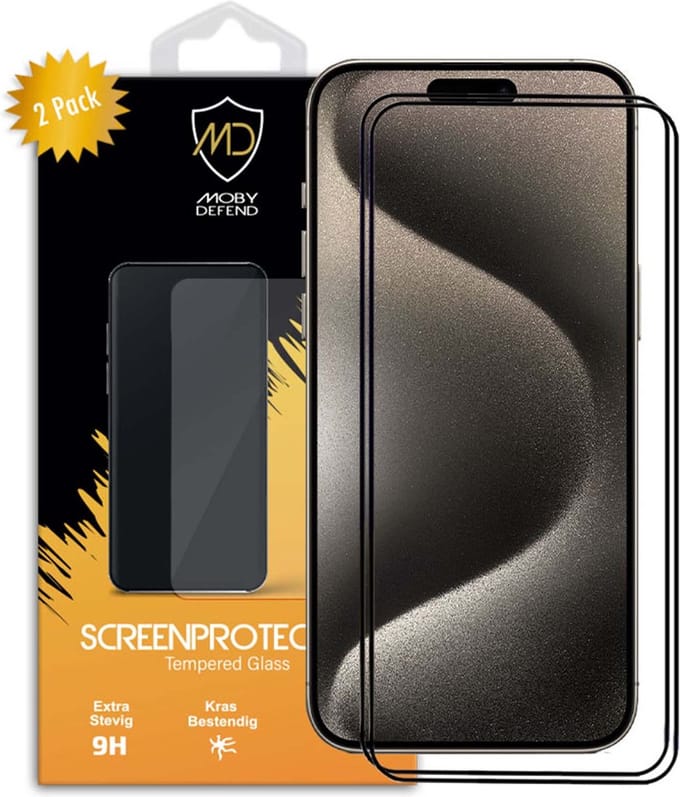 2-Pack MobyDefend Screenprotectors - Geschikt voor iPhone 15 Pro Max - Screensavers Met Zwarte Randen - Gehard Glas