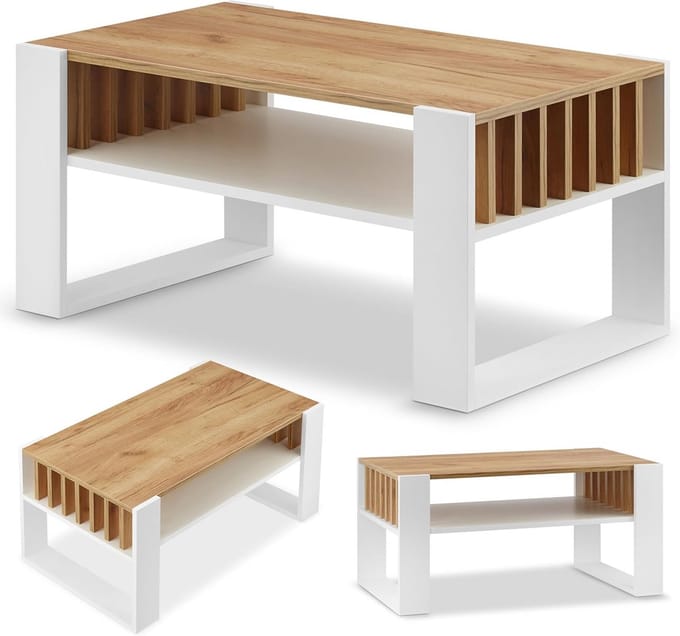 Moderne Salontafel met Opbergruimte, 92 cm Breed, Wit en Eikenhout Look