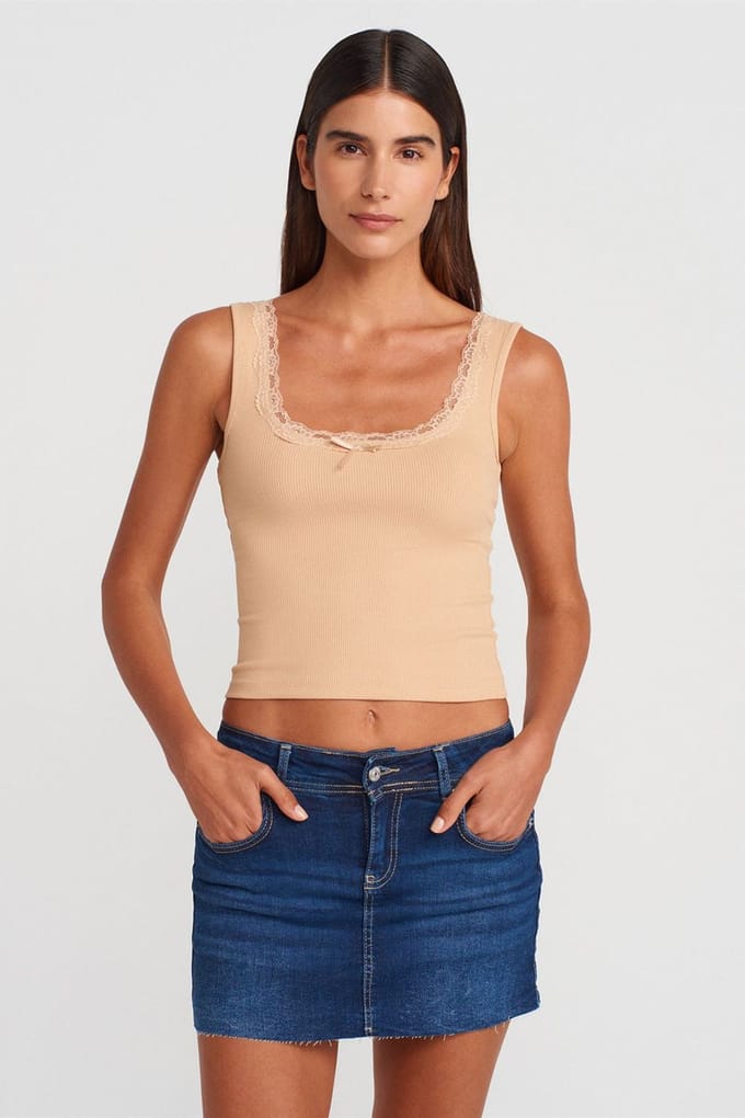 Geribde Katoenmix Crop Cami Top