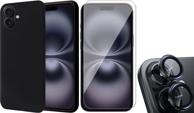 Hoesje geschikt voor iPhone 16 - Screenprotector Glas & Camera Protector - Matte Case Zwart met Fluweelzachte Binnenzijde