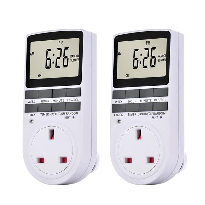 Pakket van 2 digitale plug-in timer-aansluiting LCD-scherm 10 programmeerbare schakelprogramma's 24 uur en 7 Pack of 2 & UK Plug