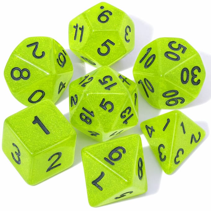 Dobbelstenen Set 7-delig – Transparant Groen Glitters D20 D12 D10 D8 D6 D4 – Voor RPG & Tafelspellen