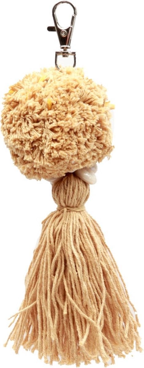 - de pompon sleutelhanger | mocca | katoen - schelpen | 4x4x15 cm - metaal - 4x4x15
