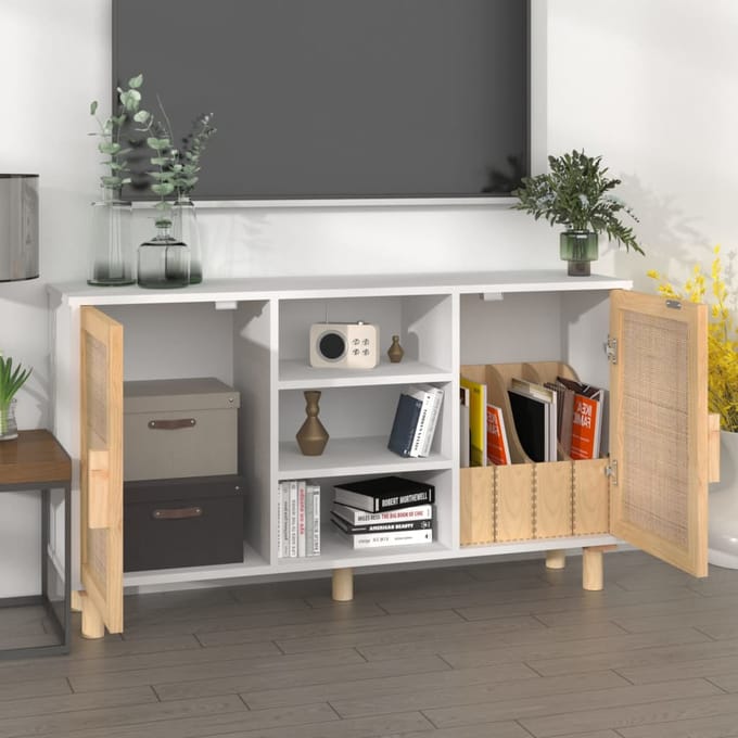 vidaXL - Dressoir - 105x30x60 - cm - massief - grenenhout - en - rattan - wit