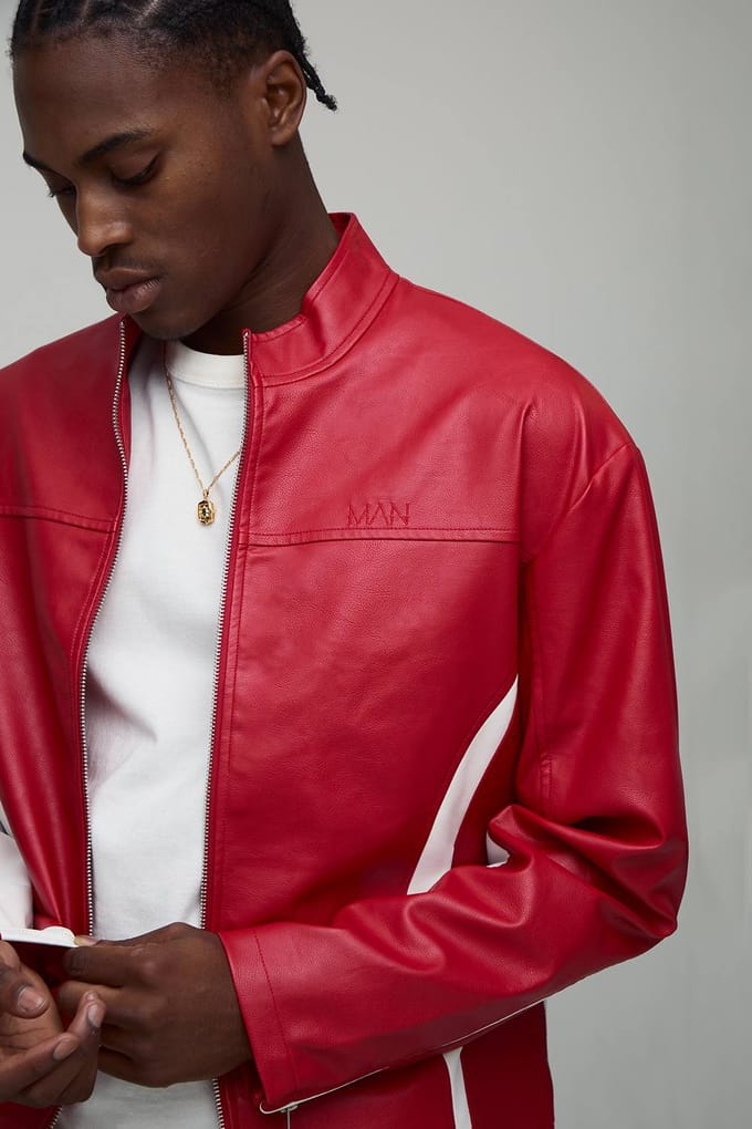 Boxy Fit Colour Block Panel PU Biker Jacket | Red | Size Medium