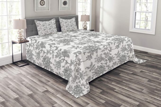 ABAKUHAUS Bloemen Sprei-Set – 220x220 cm, Lichtgrijs, Gebloemd