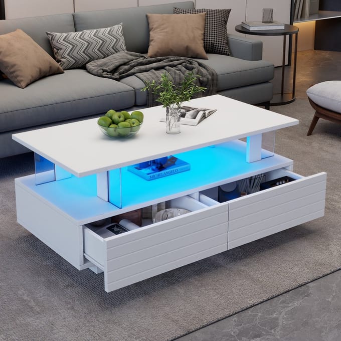 Sweiko Salontafel - LED Verlichting - Acryl Scheidingswand - Bluetooth Appbediening - Wit