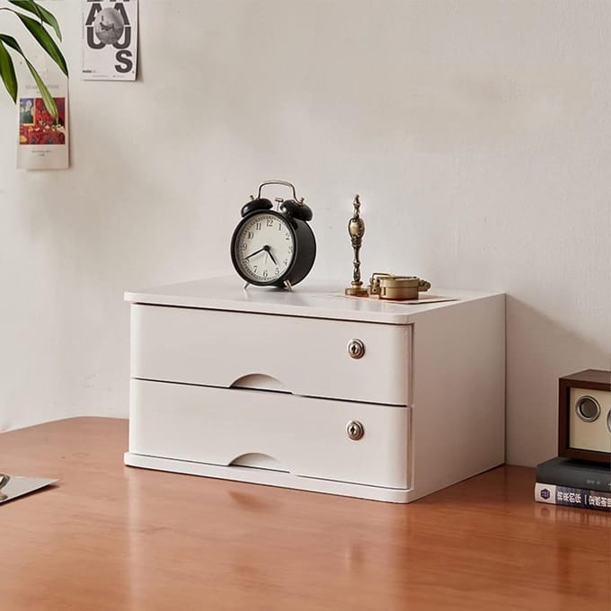 Houten Desktop Opbergdoos - Archiefkast Organizer - Bureau Organiseren - Afsluitbare Laden - 2 Lades - D