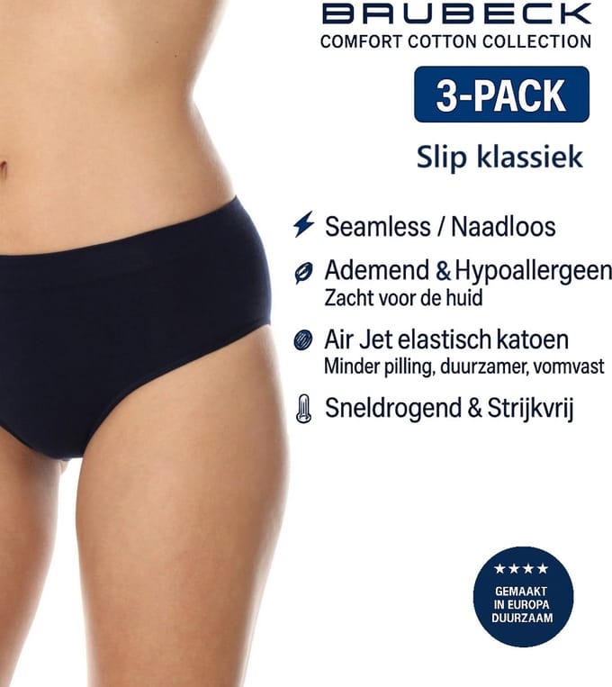 Brubeck Dames Slip Klassiek – Naadloos (Seamless) Elastisch Katoen – 3-Pack - Marineblauw M