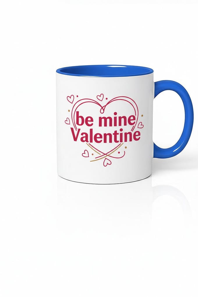 Valentijn Mok 'Be Mine Valentine' - Wit met Blauw Handvat & Romantisch Hart Design