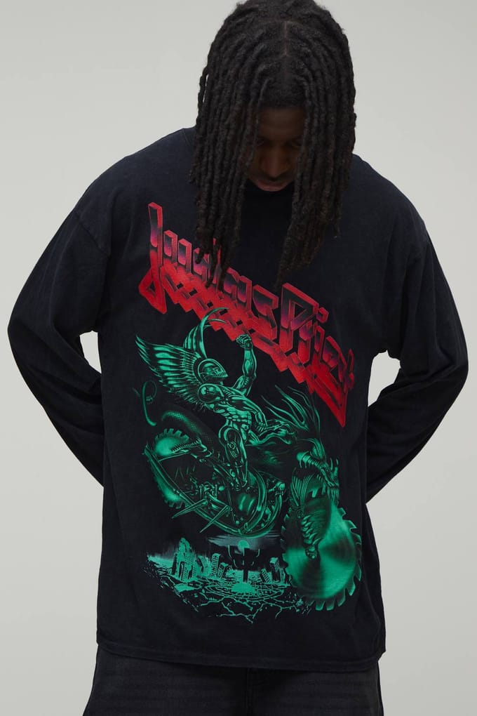 Oversized Long Sleeve Judas Priest Acid Wash License Print T-Shirt | Washed Black | Size Medium