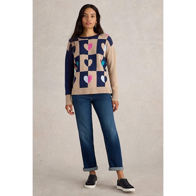 White Stuff City Check Heart Jumper Natural Multi Größe: 8 | Strickpullover Outlet | Damen