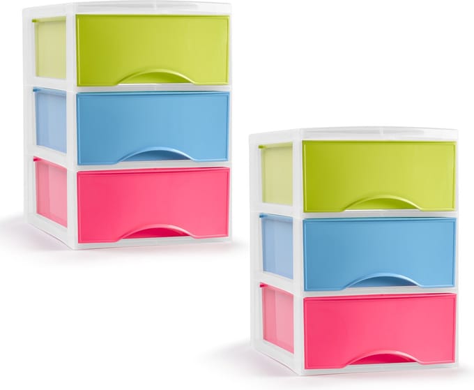 PlasticForte ladeblokje/bureau organizer - 2x - 3 lades - gekleurd - L26 x B37 x H37 cm