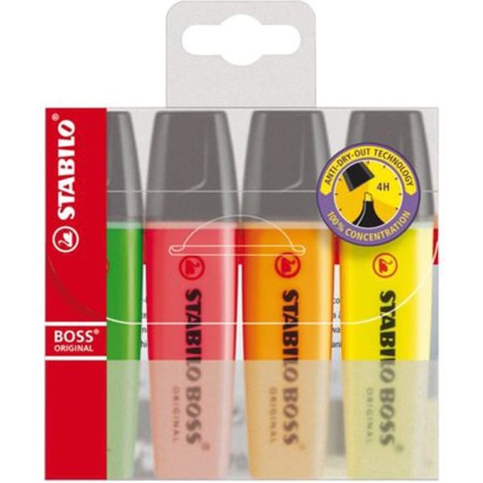 STABILO BOSS ORIGINAL - Markeerstift - Extreem Hoge Kwaliteit - Plastic Etui Met 4 Kleuren