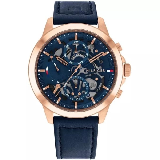 Tommy Hilfiger Henry 1710475 Horloge - Leer - Blauw - Ø 44 mm