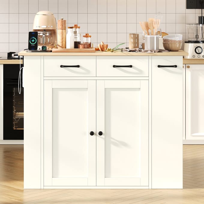 Keukeneiland - 120x60x90 cm - Uitschuifbare Tafel - met Stopcontacten & Stoelen - Hout - Wit