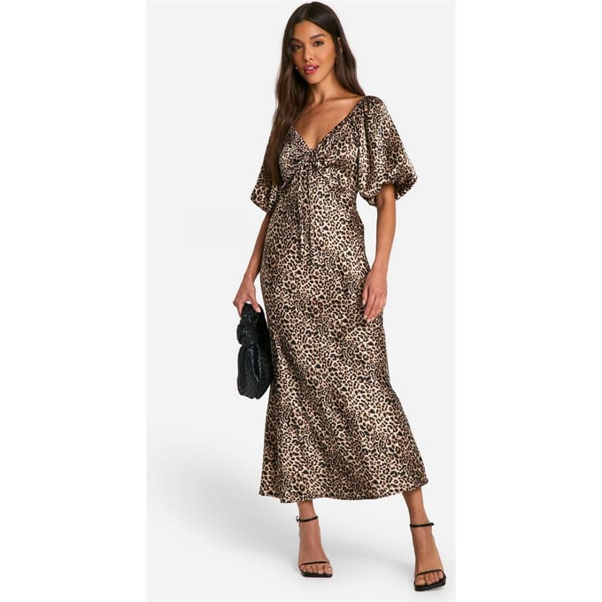 boohoo Dames Leopard Pofmouw Midaxi Jurk | Bruin | Maat: 38