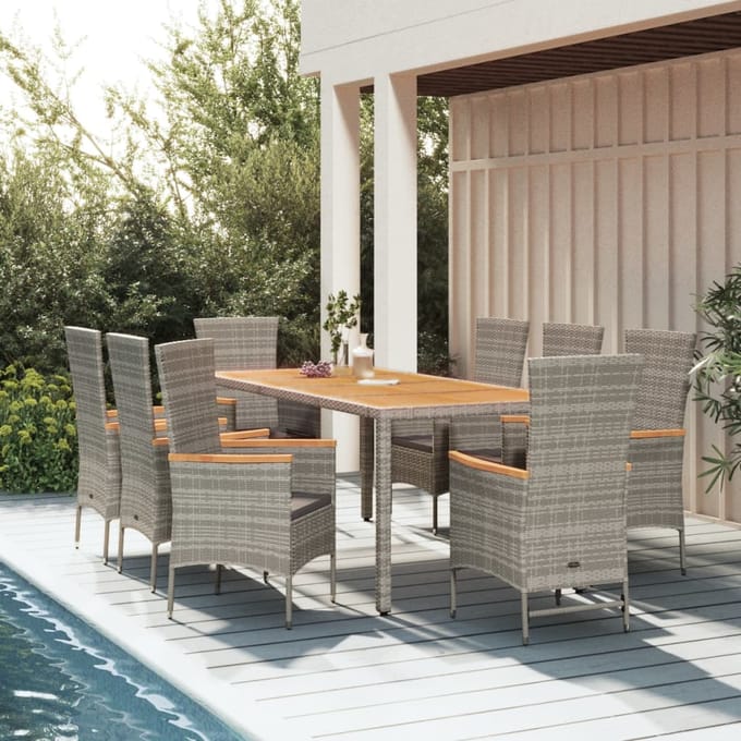 vidaXL - 9-delige - Tuinset - met - kussens - poly - rattan - grijs