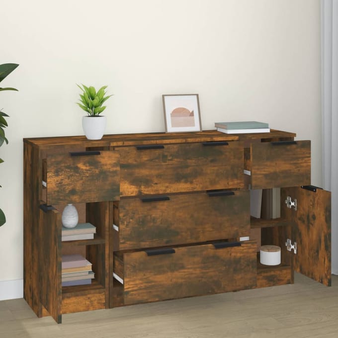 vidaXL - 3-delige - Dressoirset - bewerkt - hout - gerookt - eiken