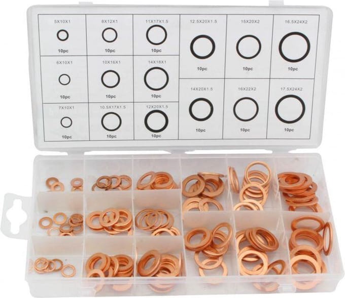 150 delige koperringenset - koperring - koperen ringen - sluitring - afsluitring - afdichtingsring - metaalring